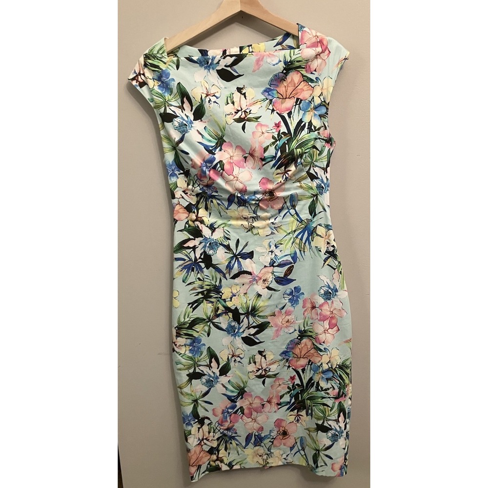 Zara Woman Floral Bodycon Midi Dress Small Blue Pink Stretch Made in Spain